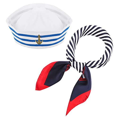 Lusofie Sailor Hat Schal Set Halstuch Damen Matrosenmütze Kapitänsmütze Herren Fancy Navy Dress Blue mit White kapitänsmütze Navy Sailor Hat Navy Schal für Kleidung Accessoires Party Hut Dress Up von Lusofie