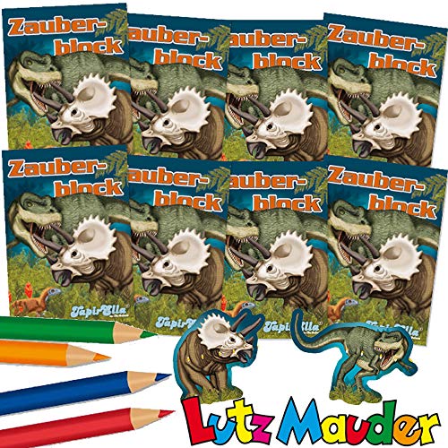 Lutz Mauder 8 x Zauberblöckchen * T-REX & Dinosaurier * in DIN A8 plus Buntstifte im Set | Zauberblock Mitgebsel für Kindergeburtstag | Dino Saurier Urzeit von Lutz Mauder