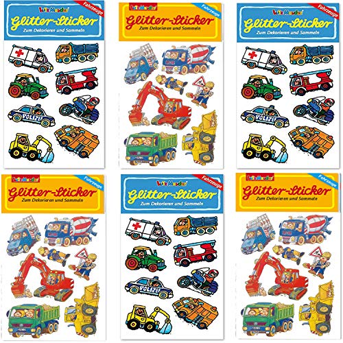 6-teiliges Sticker-Set * Einsatz und BAUSTELLEN Fahrzeuge * vom Mauder-Verlag | Kinder Aufkleber Kindergeburtstag Geburtstag Mitgebsel Jungen Krankenwagen Polizei Bagger Kran Müllwagen Betonmischer von Lutz Mauder