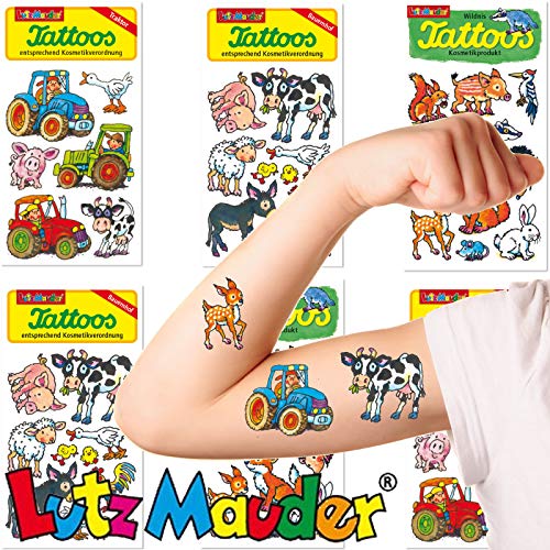 6-teiliges Tattoo-Set * Tiere und Bauernhof * vom Mauder-Verlag | Kinder Kindertattoo Kindergeburtstag Geburtstag Mitgebsel Geschenk Trecker Schwein Igel Ente Katze Marienkäfer Frosch Biene Teddy von Lutz Mauder