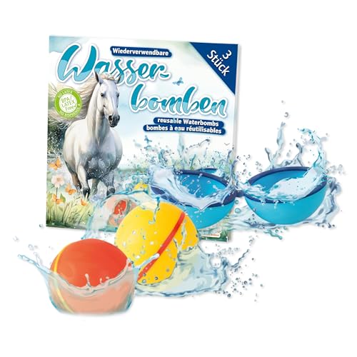 Lutz Mauder 3 wiederverwendbare Wasserballons, Verpackung im Pferde Style, farbige Wasserbomben Silikon ohne Aufdruck, schnell befüllbar mit Magnetverschluss, Kinder, Erwachsene, Outdoor, Garten, Pool von Lutz Mauder