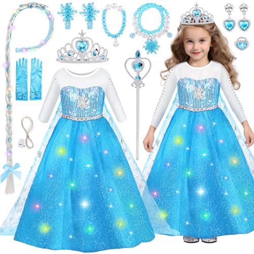 Luucio Leuchtende Eiskönigin Prinzessin Dress Up Kostüm mit Zubehör für kleine Mädchen 2–10 Jahre, Mädchen Geburtstag Weihnachten Kleid Set von Luucio