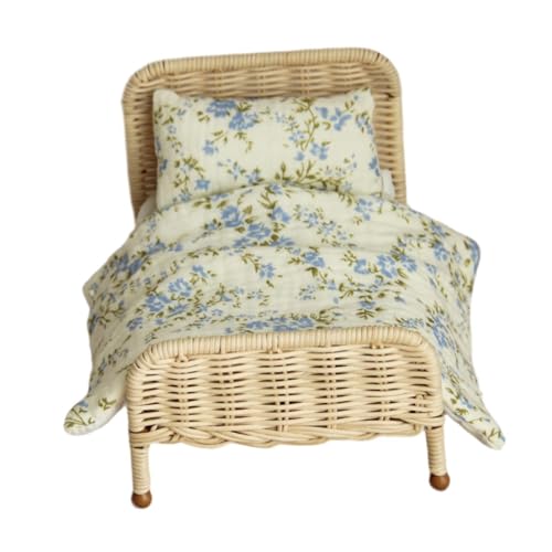 Luwecf 1/12 Puppenhausbett Rattanbett Modell, Rattan Minibett, Miniatur Rattanbett zur Raumdekoration, B von Luwecf