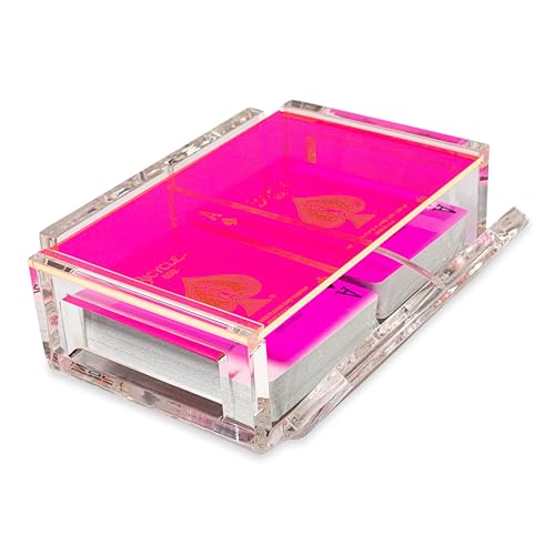 Luxe Dominoes La Canasta Set, Canasta Kartenhalter Tablett mit 2 Spielkarten in Acrylbox mit Schiebedeckel und drehbarem Boden, hält Stapel von Karten organisiert, einfach drehbar und frei drehbar, neon pink von Luxe Dominoes