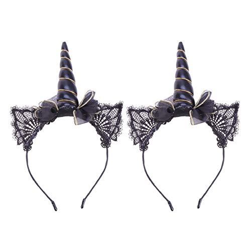 Luxshiny 2 Stück Schwarzes Einhorn Horn Stirnband Spitze Katze Einhorn Stirnband für Weihnachten Halloween Party Cosplay Kostüm von Luxshiny