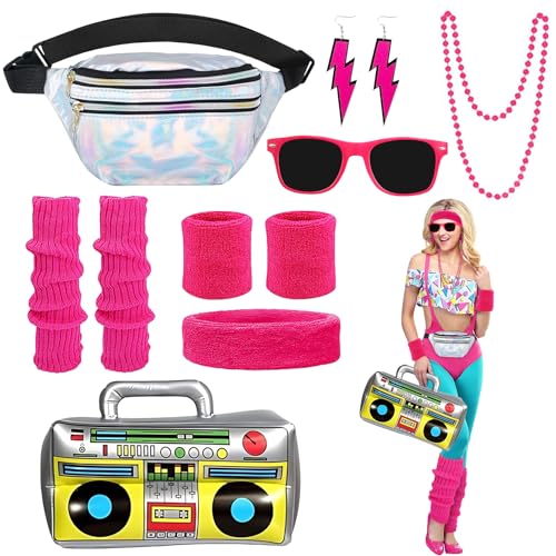 Luyuttn 80er Jahre Outfit Damen, 90er Jahre Damen Rosa Set mit Bauchtasche, Stirnband, Beinwärmer, Armbänder, Brille und Ohrring für 80er 90er Jahre Karneval Neon Party von Luyuttn