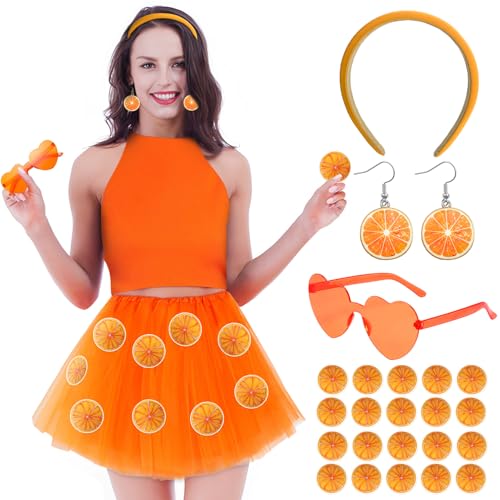 Tüllrock Orange Damen, Rock Orange Karneval Kostüm Damen, Orange Rock Damen mit Haarreif Orange und Früchte Ohrringe, Orange Herz Brille, Orange Aufkleber Sticker, für Halloween Party Festival Feier von Luyuttn