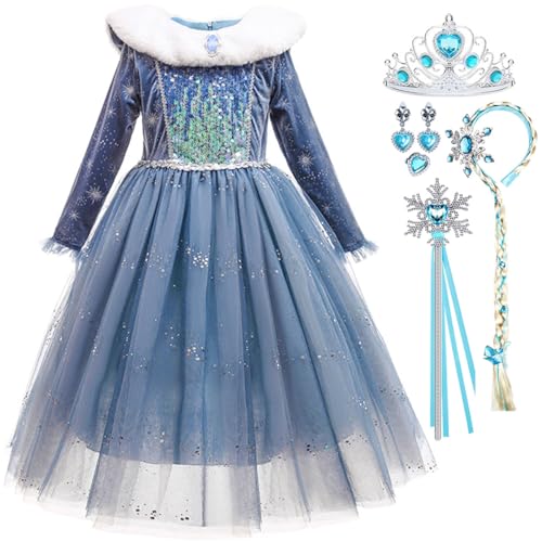 Luzlen Kostüm für kleine Mädchen, Prinzessin, blauer Schnee, Partykleid, Königin mit Zubehör, 4–5 Jahre (Etikett 120) von Luzlen