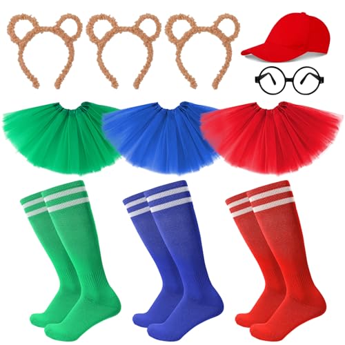 11 Stück Streifenhörnchen Kostüme Set, 3 Streifenhörnchen Ohren Stirnband 3 Paar Kniestrümpfe Streifen Socken 1 Schwarze Runde Brillenrahmen 1 Rote Cap 3 Tutu Rock Tierkostüm Zubehör für Kinder Mädche von Lvefyti