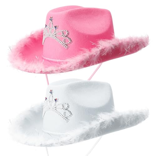 Lvefyti 2 Stücke Cowboyhut Damen,Cowboy Hut Pink Weiß,Flauschige Federkrempe Cowboyhut mit Strass,Cowgirl Hut für Herren Damen Halloween Karneval Cosplay Kostümparty von Lvefyti