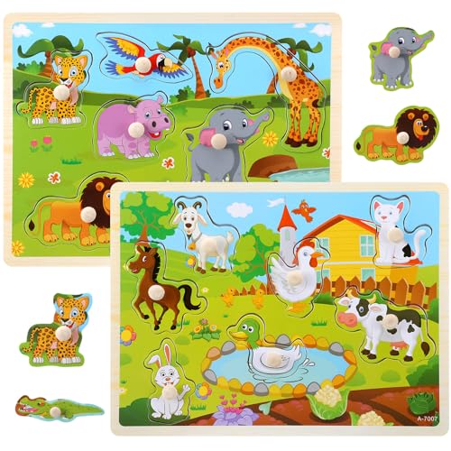 Lvefyti 2 Stücke Holzpuzzle Steckpuzzle Kinder,Greifpuzzle Holzspielzeug Cartoon Tiermuster Kinderpuzzle Lernspielzeug für Baby Kinder Junge Mädchen von Lvefyti