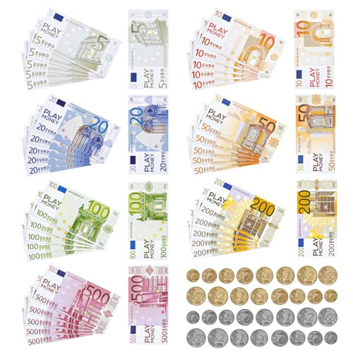 Lvefyti 207 Stück Spielgeld Kinder Set,175 Blätter 5/10/20/50/100/200/500 Spielgeld Euro Scheine und 32 Münzen,Prop Money für Rollenspiele Rechnen Lern Spielzwecke von Lvefyti