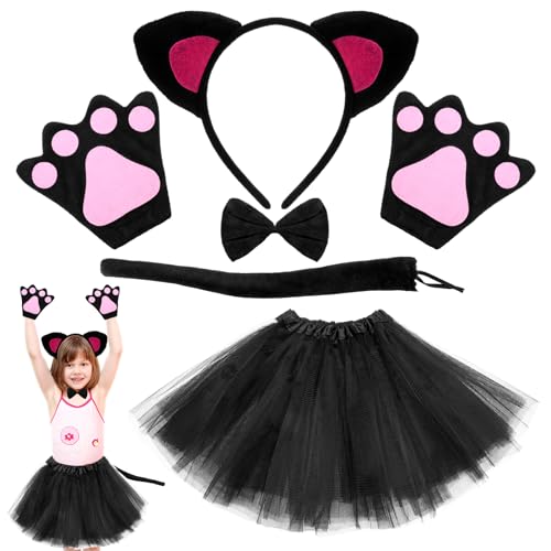 Lvefyti 6 Stück Katzen Kostüm Kinder mit Tutu Rock Fliege Katzenohren Haarreif Schwanz Handschuhe Tierkostüm für Mädchen Karneval Halloween Fasching Geburtstag Mottoparty(Katzen-Einfarbig Tutu) von Lvefyti