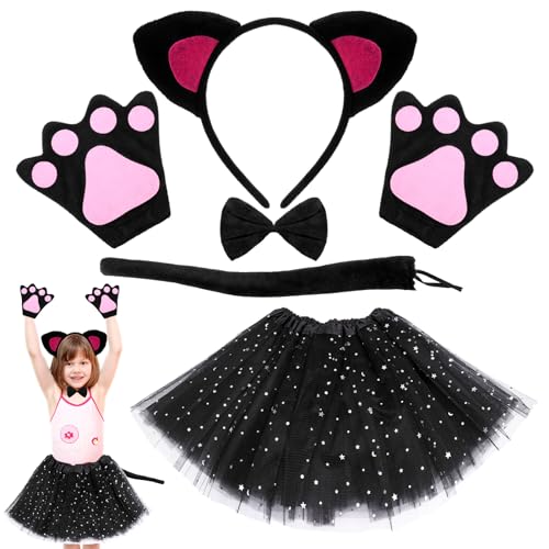 Lvefyti 6 Stück Katzen Kostüm Kinder mit Tutu Rock Fliege Katzenohren Haarreif Schwanz Handschuhe Tierkostüm für Mädchen Karneval Halloween Fasching Geburtstag Mottoparty(Katzen-Star Tutu) von Lvefyti