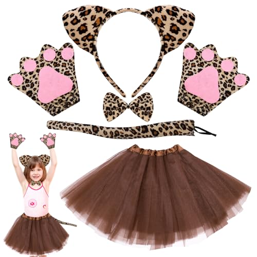 Lvefyti 6 Stück Leoparden Kostüm Kinder mit Tutu Rock Fliege Leopardenohren Haarreif Schwanz Handschuhe Tierkostüm für Mädchen Karneval Halloween Fasching Geburtstag Mottoparty(Leopard-Einfarbi Tutu) von Lvefyti