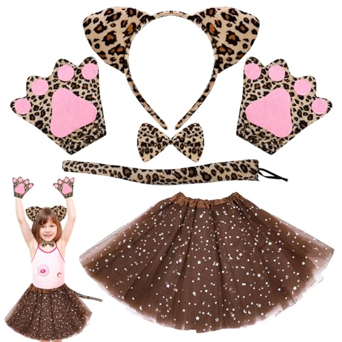 Lvefyti 6 Stück Leoparden Kostüm Kinder mit Tutu Rock Fliege Leopardenohren Haarreif Schwanz Handschuhe Tierkostüm für Mädchen Karneval Halloween Fasching Geburtstag Mottoparty(Leopard-Star Tutu) von Lvefyti