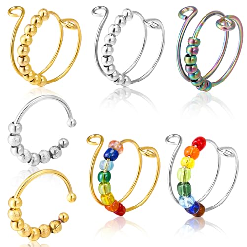 Lvefyti 7 Stück Verstellbare Anti Stress Ring, Anxiety Ring Set, Regenbogen Spinner Ring, Effizient Linderung von Ängsten und Antistress Ringe für Mädchen und Frauen von Lvefyti