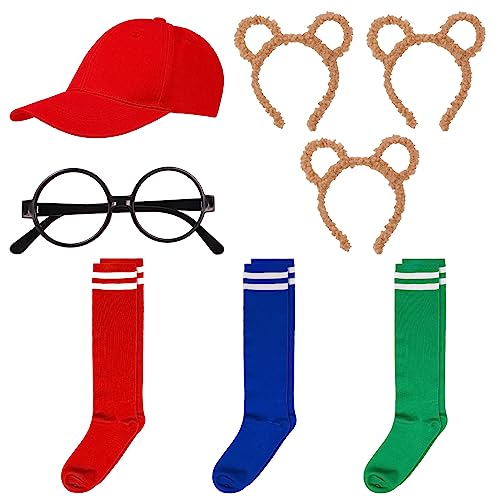 Lvefyti 8 Stück Streifenhörnchen Kostüme Set, Chipmunks Kostüm Set 3 Streifenhörnchen Ohren Stirnband 3 Paar Kniestrümpfe Streifen Socken 1 Schwarze Runde Brillenrahmen 1 Rote Cap Tierkostüm Zubehör von Lvefyti