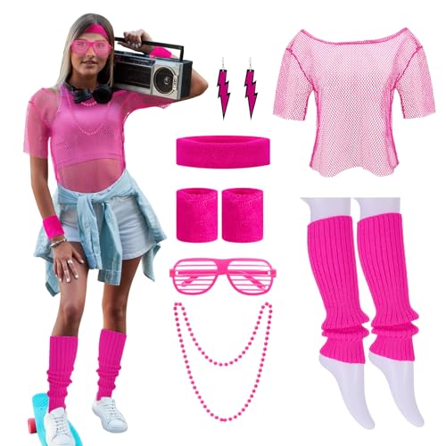 Lvefyti 90er 80er Jahre Outfit Damen, Off Shoulder Netzshirt, Beinwärmer, Neon Stirnband, Ohrring, Halskette, Armband, Partybrille 80er 90er Jahre Neon Kostüm Party Accessoires von Lvefyti