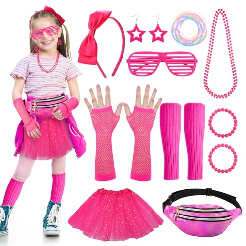 Lvefyti 90er 80er Jahre Outfit Damen Mädchen,23 Stück 80er Kostüm Accessoires Set mit Tutu Beinwärmer Armbänder Halskette Stirnband Ohrringe Brille Bauchtasche für Karneval Halloween von Lvefyti