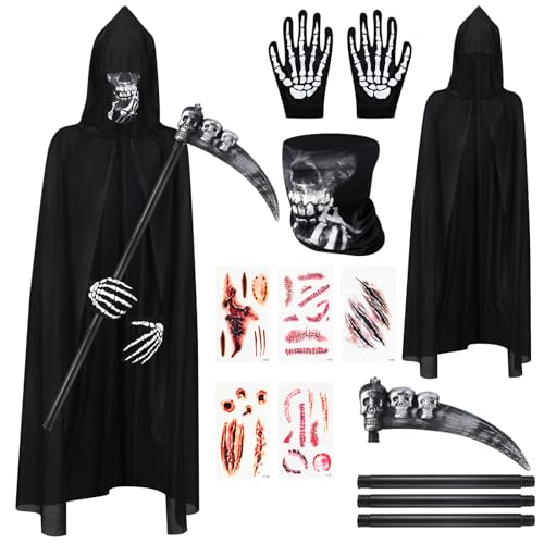 Lvefyti Sensenmann Kostüm, Halloween Kostüm mit Gewand Des Sensenmanns, Schädelmaske,Sense,Skelett Handschuhe, 5 Stück Halloween Tattoo Gesicht für Halloween Party Dekoration Cosplay von Lvefyti