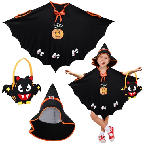 Lvefyti Halloween Kostüm Kinder, Fledermaus Umhang, Witch Umhang mit Hut, halloween Kinder Candy Bag für Halloween Cosplay Party, Geeignet für Höhe 90-150cm Mädchen Jungen Kinder von Lvefyti