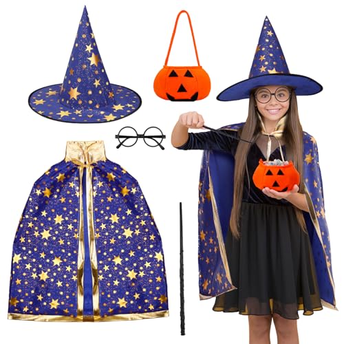 Lvefyti Halloween Kostüm Kinder Hexen Zauberer Umhang mit Zauberhut Zauberstab Brille Kürbis Candy Bag, Kinder Cosplay Kostüm für Mädchen Jungen 90-140CM (Blau) von Lvefyti