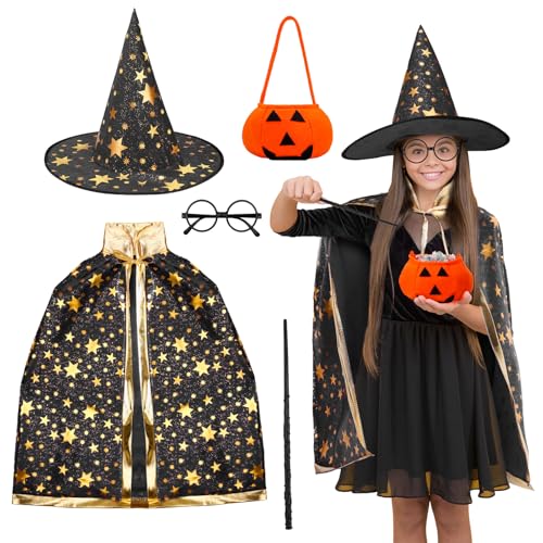 Lvefyti Halloween Kostüm Kinder Hexen Zauberer Umhang mit Zauberhut Zauberstab Brille Kürbis Candy Bag, Kinder Cosplay Kostüm für Mädchen Jungen 90-140CM (Schwarz) von Lvefyti