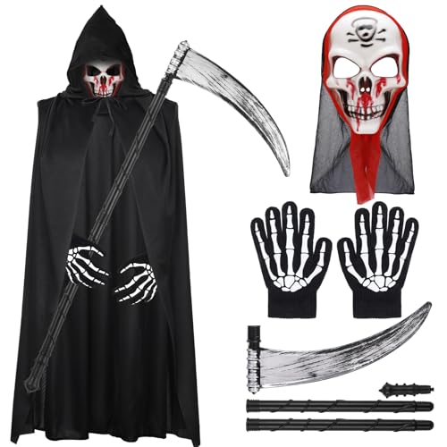 Lvefyti Halloween Sensenmann Kostüm Set für Kinder,Halloween Umhang mit Totenkopf Maske Halloween Sense und Leuchtend Handschuhe,Vampir Kostüm Kit,Halloween Kostüm Set für Halloween Party Karneval von Lvefyti