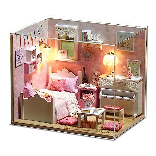 Puppenhaus, DIY Miniatur Puppenhaus Kit Schlafzimmer, Puppenhaus Miniatur DIY Haus Kit kreativen Raum mit Möbeln klare Abdeckung für Mädchen Jungen Kind Kunstwerk Geschenk (Pink) von Lvpradior