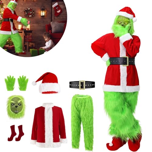 Lx2crya Grinch Kostüm Erwachsene, Weihnachtsmann Kostüm 7 Stk Set, Cosplay Kostüm, von Lx2crya