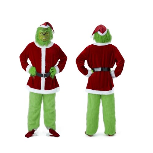 Lynzzvix 7-teiliges Erwachsenenkostüm mit grünem Monster, Weihnachtsmann-Outfit für Herren, pelziges Cosplay-Set (inkl. Maske), Größe L von Lynzzvix