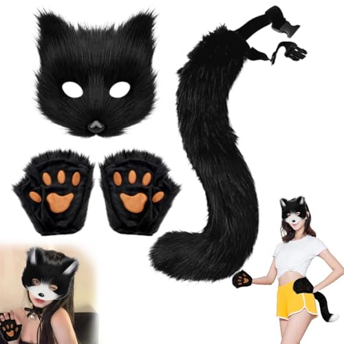 Uchsschwanz Halloween Katze Maske Set, furry kostüm, fuchs Kostüm Cosplay Kostüm Halloween, fox Tail Cosplay, halloween Fuchs Maske,fuchs maske und schwanz,Karneval Halloween Party Cosplay Kostüm Set von Lyoveu