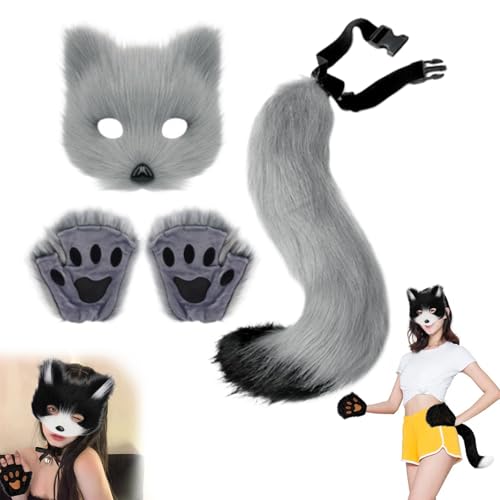 Uchsschwanz Halloween Katze Maske Set, furry kostüm, fuchs Kostüm Cosplay Kostüm Halloween, fox Tail Cosplay, halloween Fuchs Maske,fuchs maske und schwanz,Karneval Halloween Party Cosplay Kostüm Set von Lyoveu