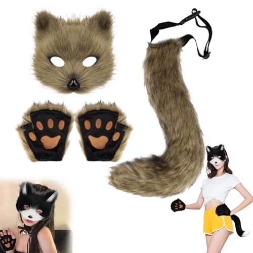 Uchsschwanz Halloween Katze Maske Set, furry kostüm, fuchs Kostüm Cosplay Kostüm Halloween, fox Tail Cosplay, halloween Fuchs Maske,fuchs maske und schwanz,Karneval Halloween Party Cosplay Kostüm Set von Lyoveu