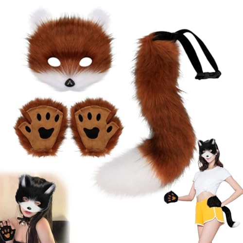 Uchsschwanz Halloween Katze Maske Set, furry kostüm, fuchs Kostüm Cosplay Kostüm Halloween, fox Tail Cosplay, halloween Fuchs Maske,fuchs maske und schwanz,Karneval Halloween Party Cosplay Kostüm Set von Lyoveu