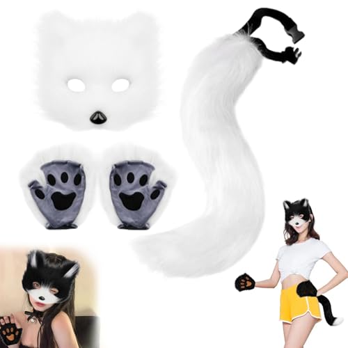 Uchsschwanz Halloween Katze Maske Set, furry kostüm, fuchs Kostüm Cosplay Kostüm Halloween, fox Tail Cosplay, halloween Fuchs Maske,fuchs maske und schwanz,Karneval Halloween Party Cosplay Kostüm Set von Lyoveu