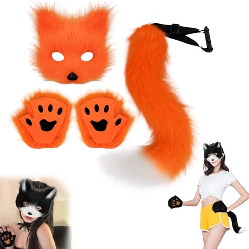 Uchsschwanz Halloween Katze Maske Set, furry kostüm, fuchs Kostüm Cosplay Kostüm Halloween, fox Tail Cosplay, halloween Fuchs Maske,fuchs maske und schwanz,Karneval Halloween Party Cosplay Kostüm Set von Lyoveu