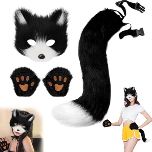 Uchsschwanz Halloween Katze Maske Set, furry kostüm, fuchs Kostüm Cosplay Kostüm Halloween, fox Tail Cosplay, halloween Fuchs Maske,fuchs maske und schwanz,Karneval Halloween Party Cosplay Kostüm Set von Lyoveu