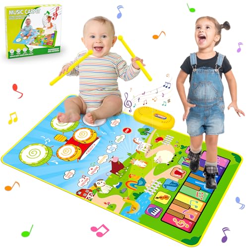 3 in 1 Musikmatte Klaviermatte Kinder Trommel mit 2 Trommelstöcken, Tanzmatte mit Keyboard Kinder Musikspielzeug, Baby Spielzeug ab 1 Jahr, Geschenk von Lypsochaat