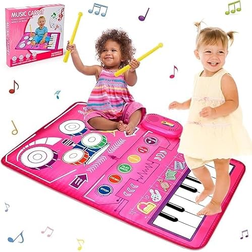 Baby Spielzeug ab 1 Jahr, Rosa Mädchen Musikmatte Klaviermatte Kinder Trommel mit 2 Trommelstöcken, Tanzmatte mit Keyboard Kinder Musikspielzeug Weihnachts Geburtstag Geschenk von Lypsochaat