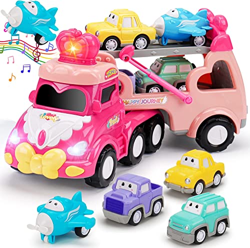 Lypsochaat 5 in 1 Rosa Prinzessin Spielzeugauto Auto Transporter LKW Spielzeug mit Licht und Musik für Kleinkinder, Geburtstag Geschenk für 3+ Mädchen Jungen von Lypsochaat