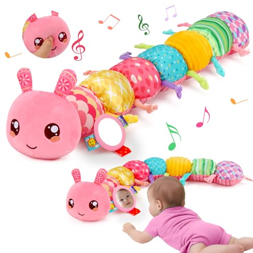 Lypsochaat Baby Mädchen Spielzeug 0-3 0-6 Monate, Rosa Musical Raupe Kuscheltier mit Greifling Rassel Baby Spiegel Spielzeug, Sensorisches Babyspielzeug 0 3 6 Monate, Baby Mädchen Geschenk von Lypsochaat