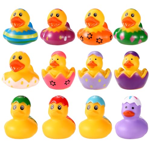 12stk Ente Oster mit Eierschale, 12 Stile Gummienten im Ei Verschiedene Mini Gummienten Eierbemalte Quietscheentchen Gummiente mit Ostermotiv als Baby-Badespielzeug Ostern Geschenk von Lyreh