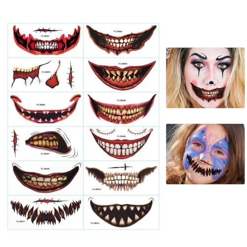 12 Sheets Horror Clown Mouth Stickers - Waterproof Halloween Temporary Kit, Halloween Face Body Makeup, Realistic Scar Wound Sticker von Lyricalist