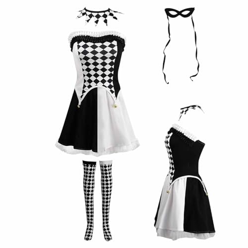 Lyricalist Schwarzes und weißes Gitter Böses Outfit – Halloween-Zirkuskostüm, Halloween-Verkleidung, Zirkus-Kostüm, Kleid, Cosplay-Zubehör für Erwachsene von Lyricalist