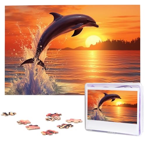 Sunset Dolphin Puzzles 1000 Teile, personalisierte Puzzles für Erwachsene, Fotos, Puzzle für Familie, anspruchsvolles Bilderpuzzle mit Aufbewahrungstasche, Heimdekoration, Puzzle (74,9 x 50 cm) von Lzqpoeas