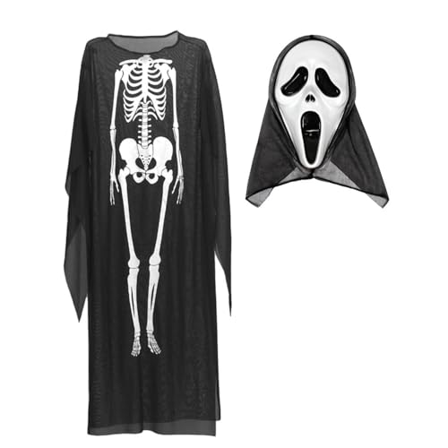 Gruselige Halloween Kostüm Skelett, Schwarz Locker Umhang Set für Halloween Horror Cosplay Kostüm, Erwachsene Outfit für Karneval Party Performance Geschenk Fans von Lzrong