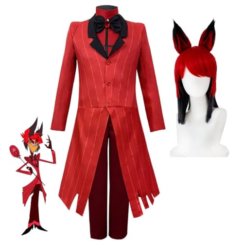 Lzrong Hazbin Hotel Cosplay Kleidung-Alastor Uniform Anzug mit Perücken Haarbänder und Fliege Halloween Anime Party Unisex Erwachsene Cosplay Outfits für Hazbin Hotel Anime Fans von Lzrong