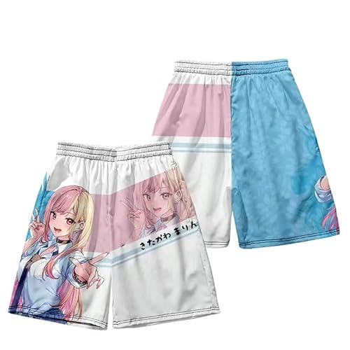 Lzrong Anime My Dress-Up Darling Kurzärmeliges T-Shirt Beach Shorts, Kitagawa Marin Cosplay Kostüm Kurzärmeliges Sommer Ärmelloses T-Shirt Tops Sport Freizeit Elastische Taille Strandhose von Lzrong